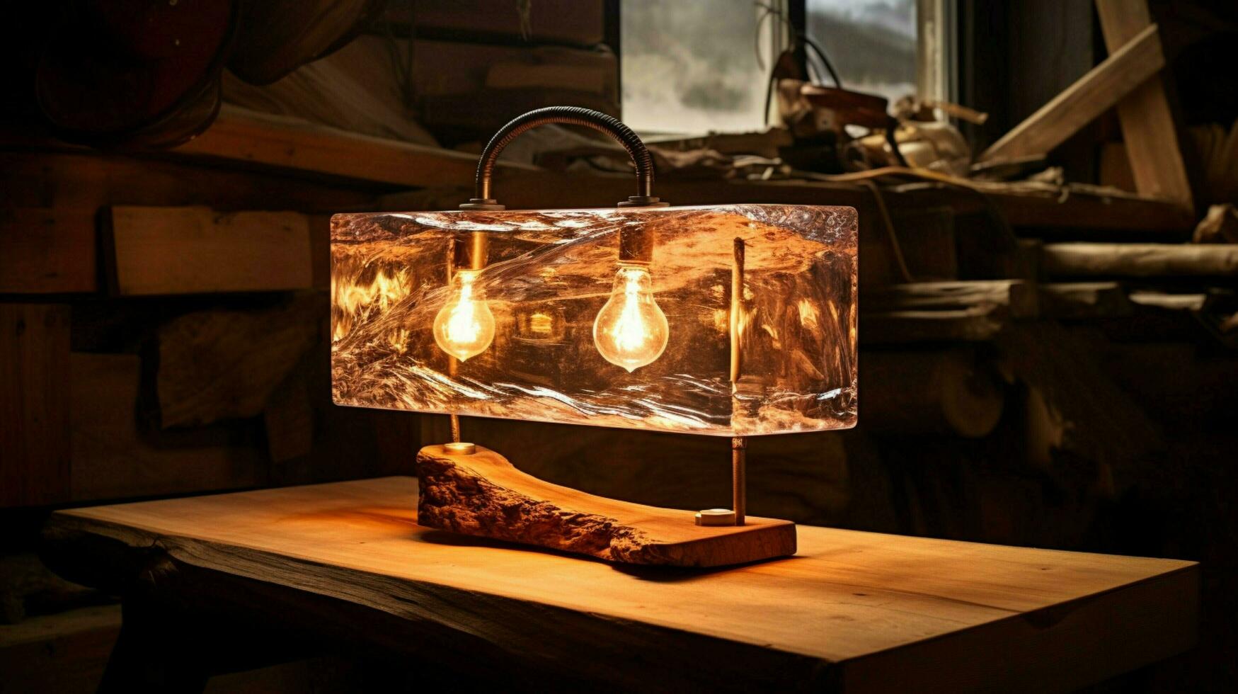 glowing electric lamp illuminates rustic wooden table photo