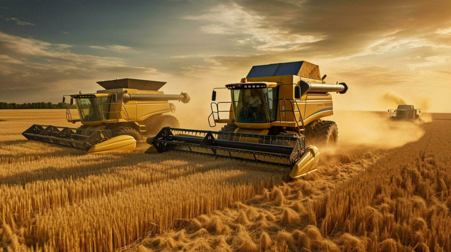 golden combine harvesters work in wheat fields cutting photo