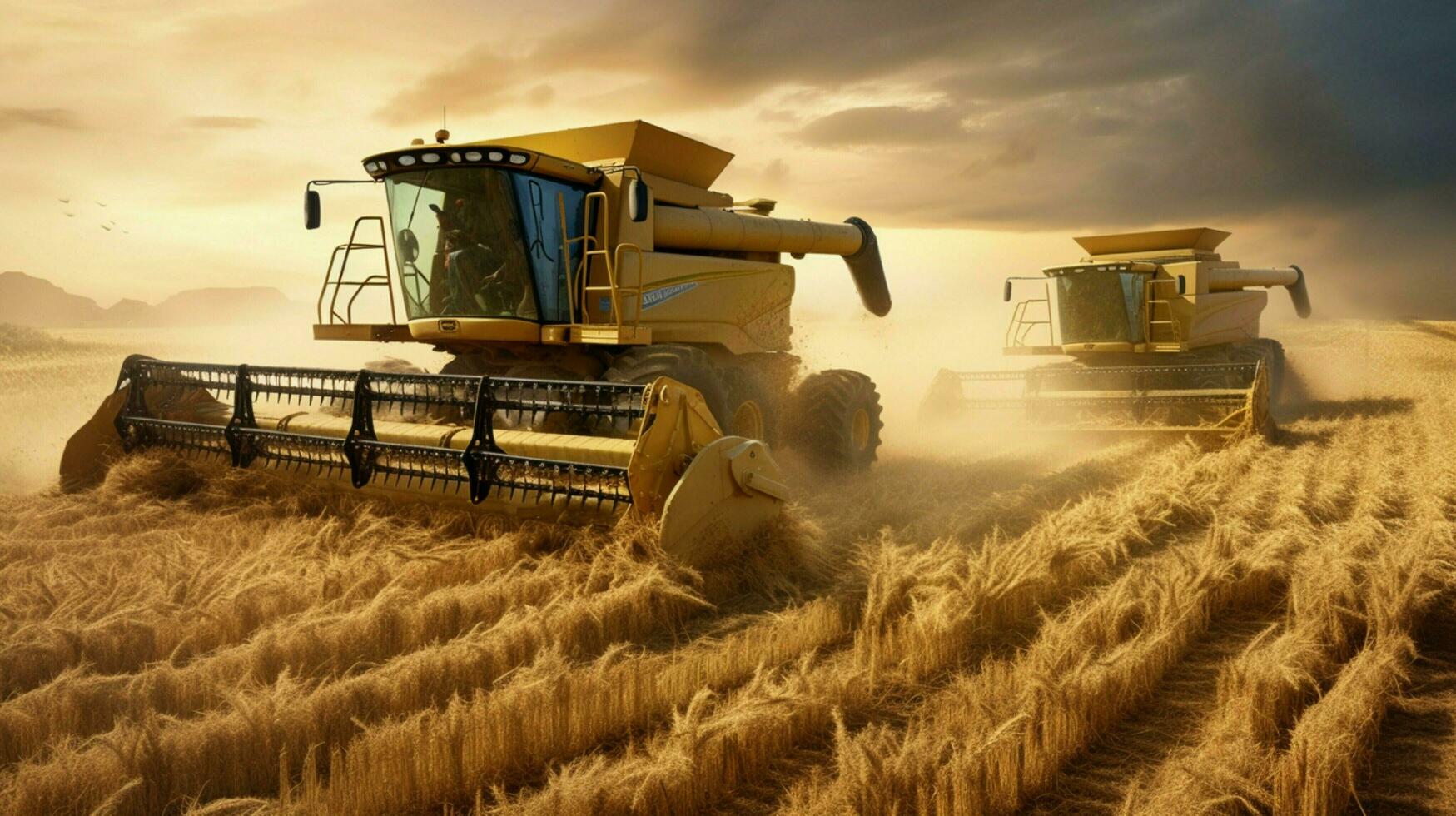 golden combine harvesters work in wheat fields cutting photo