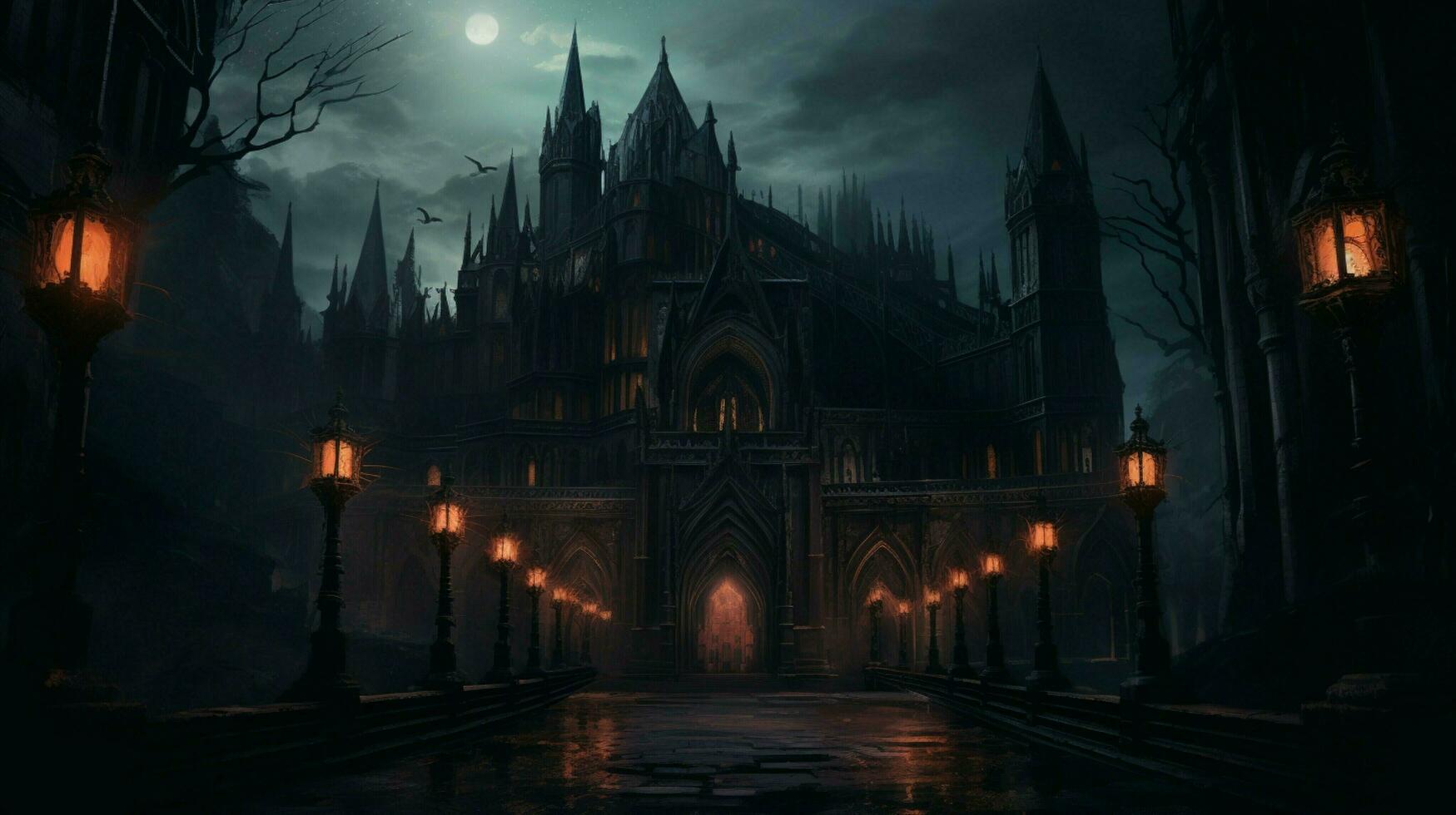 gothic architecture illuminated by street lights at dusk photo