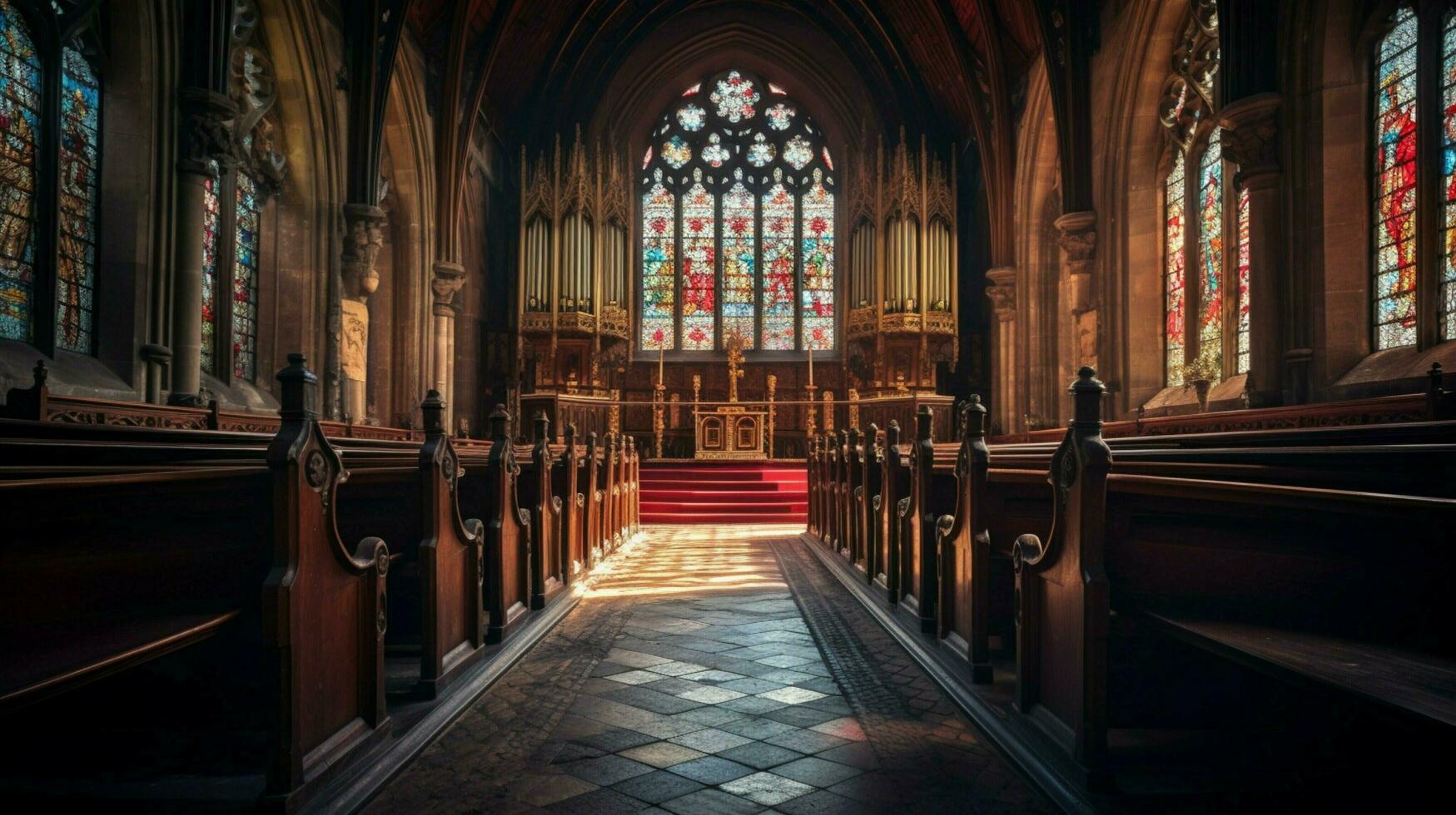 gothic chapel with ancient stained glass and pews photo