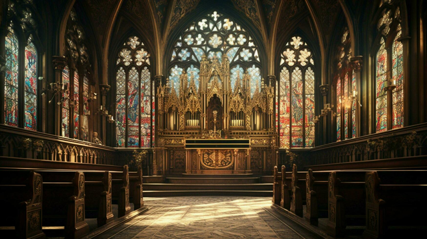 gothic chapel with ancient stained glass and pews photo