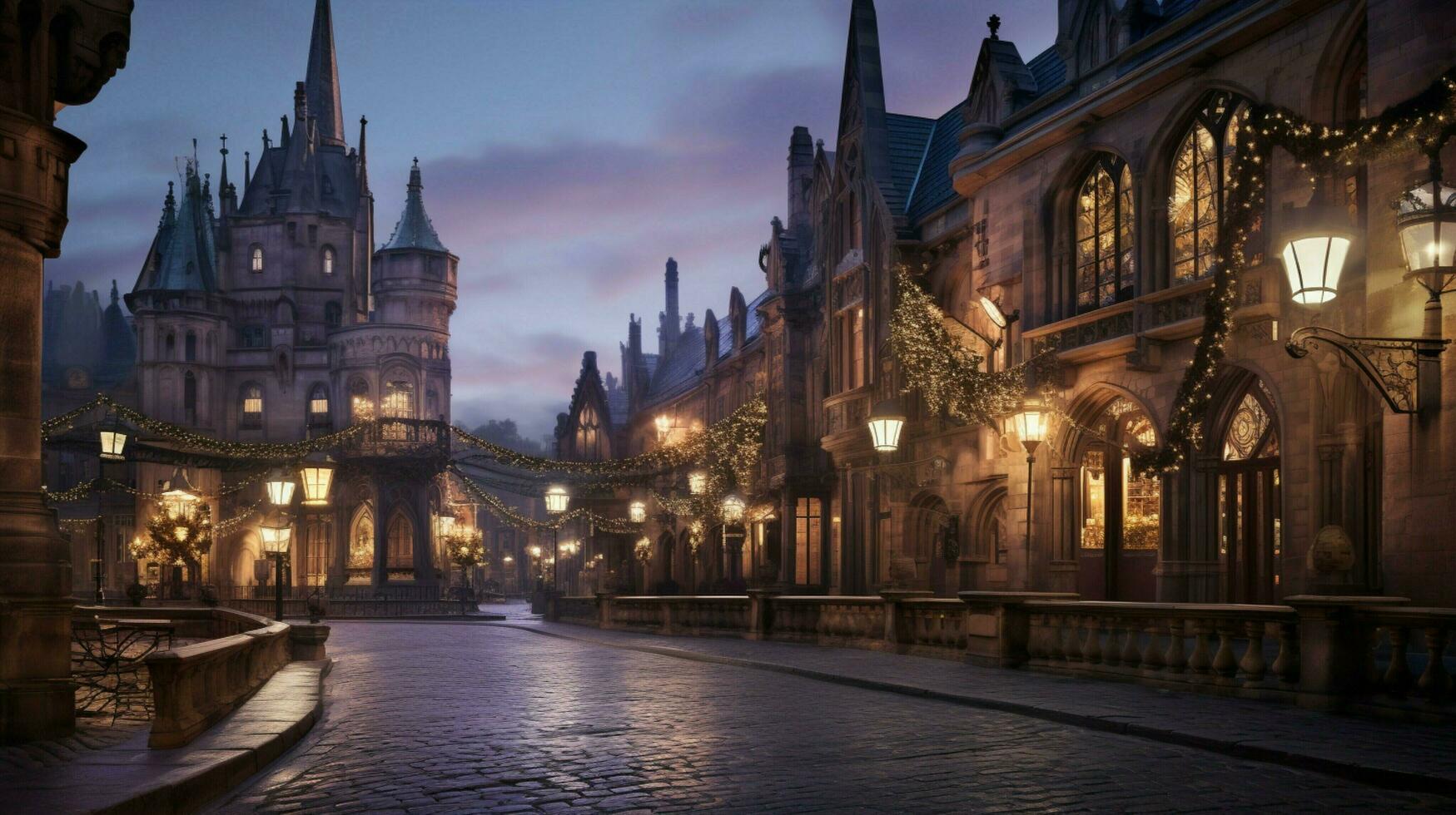 gothic architecture illuminated by street lights at dusk photo