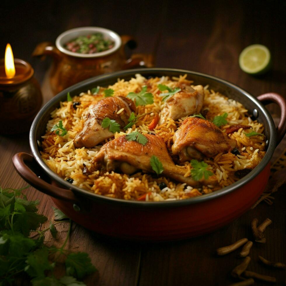 gourmet chicken biryani with steamed basmati rice photo