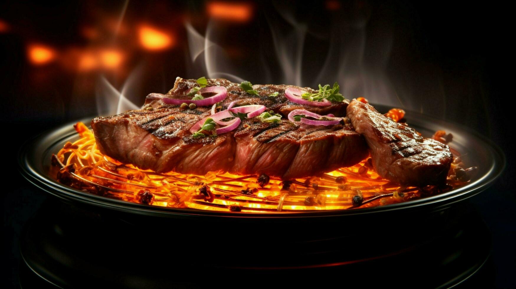 gourmet grilled meat on plate glowing with heat photo