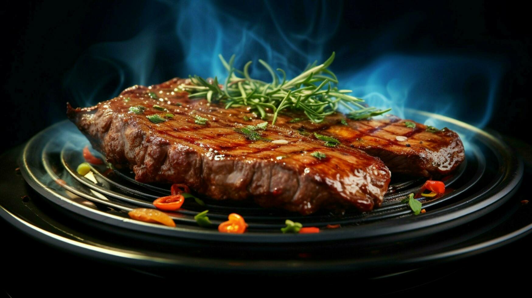 gastrónomo A la parrilla carne en plato brillante con calor foto