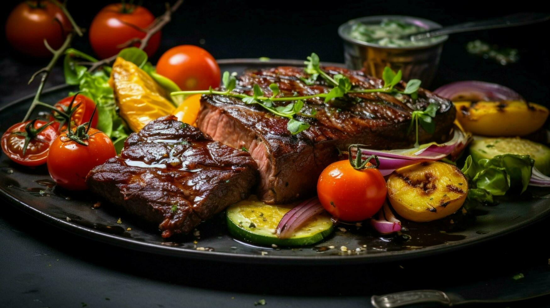 gourmet lunch with grilled meat and fresh vegetables photo