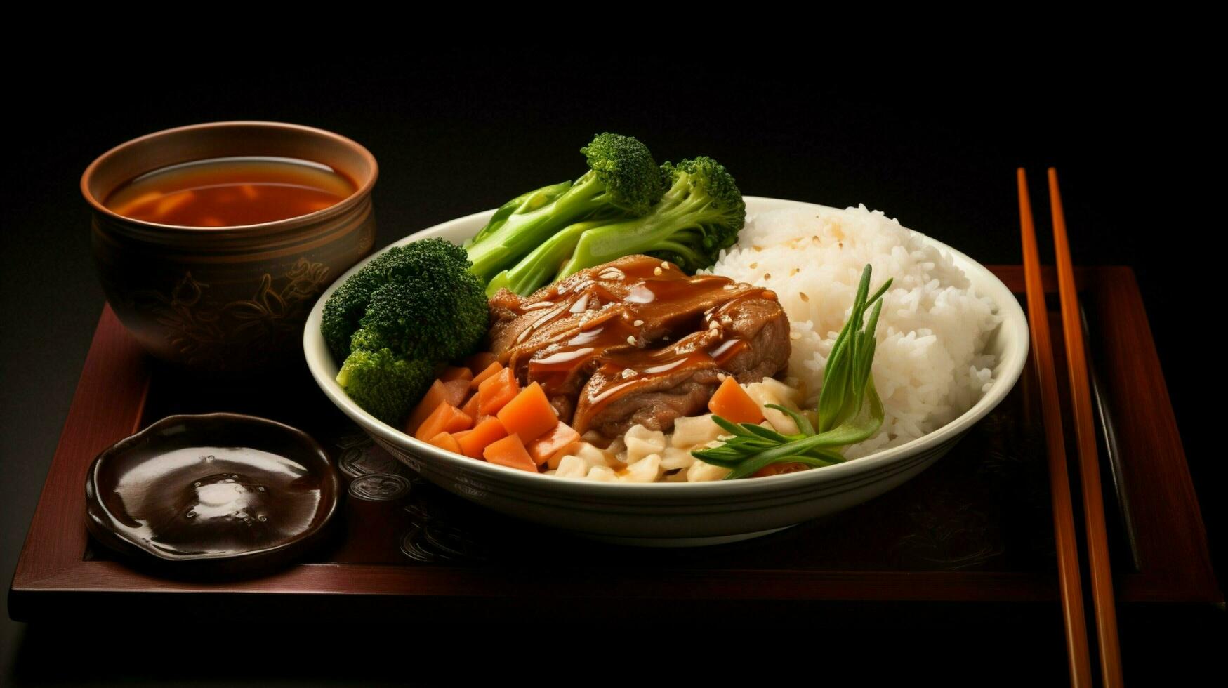 gourmet meal pork meat cooked soup chopsticks vegetable photo