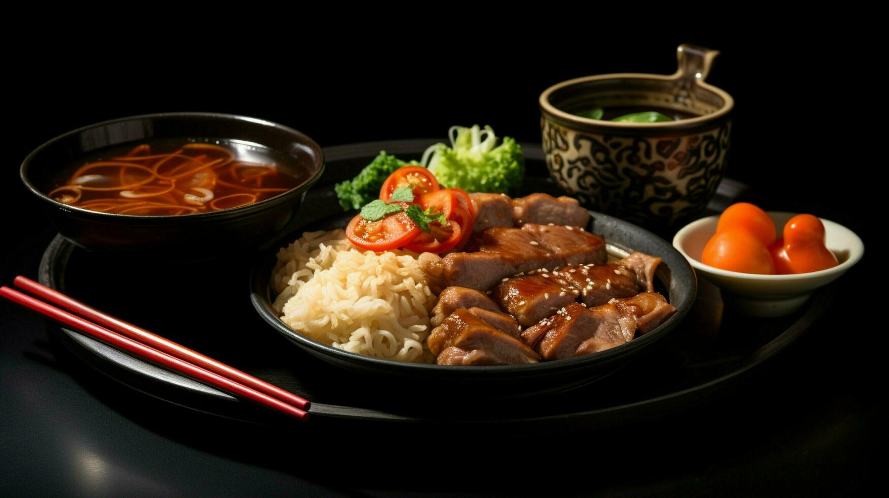 gourmet meal pork meat cooked soup chopsticks vegetable photo