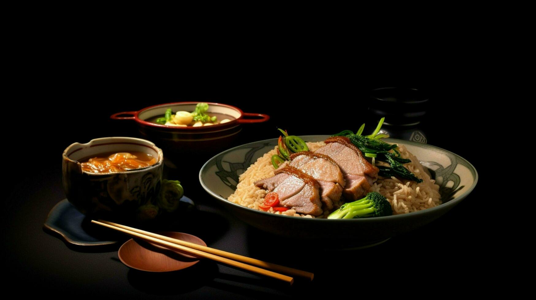 gourmet meal pork meat cooked soup chopsticks vegetable photo