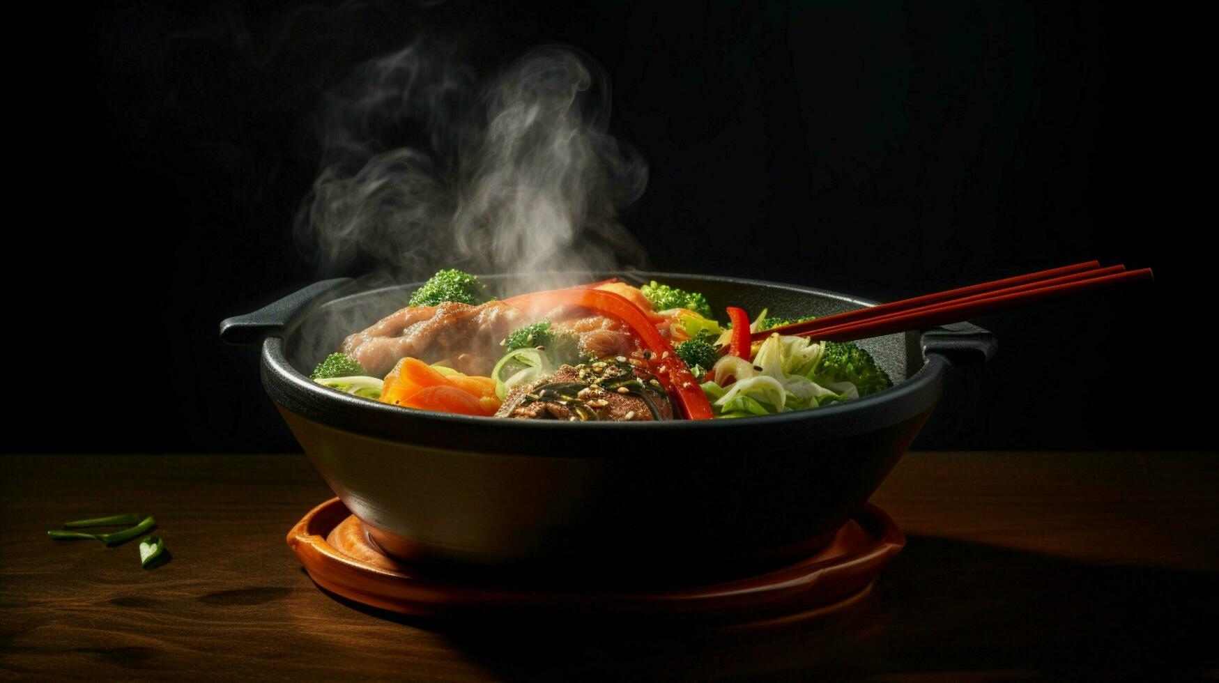 gourmet meal with chopsticks in steaming bowl photo