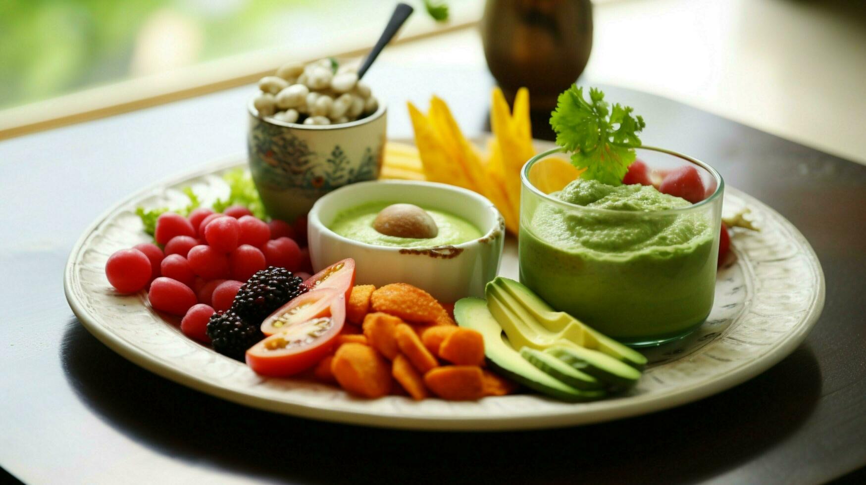 gourmet vegetarian meal with fresh guacamole dip photo