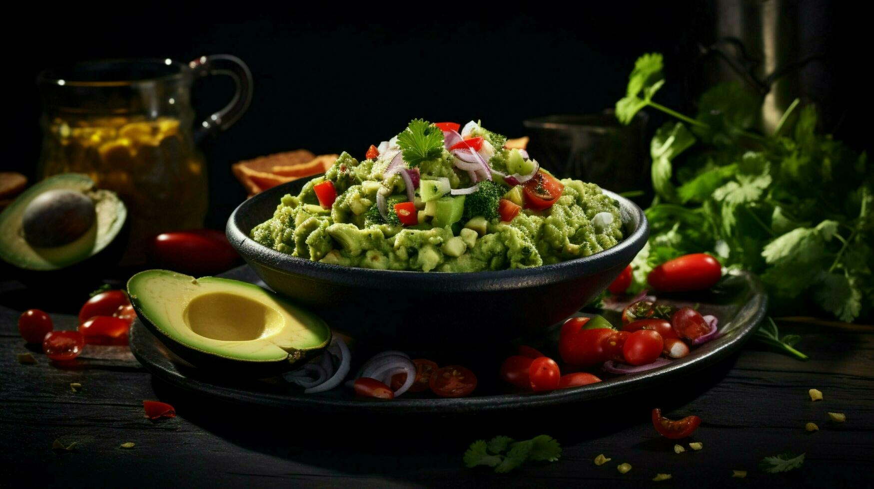 gastrónomo vegetariano comida con Fresco guacamole inmersión foto