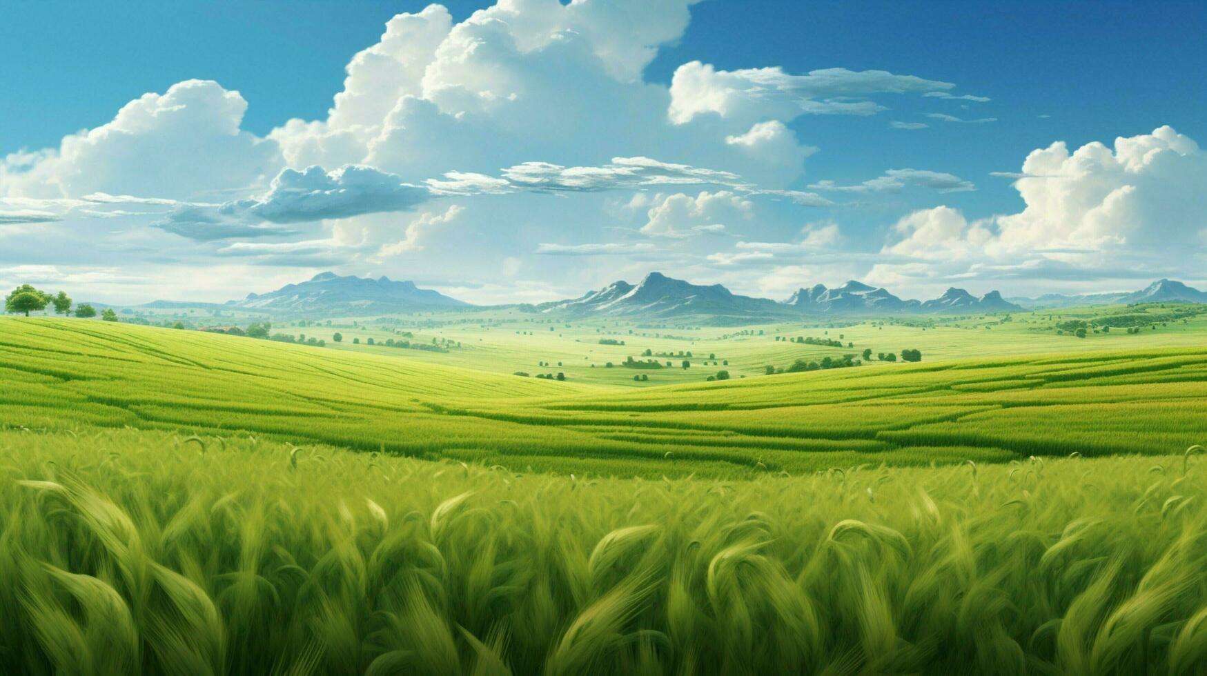 green meadow meanders into wheat field horizon photo