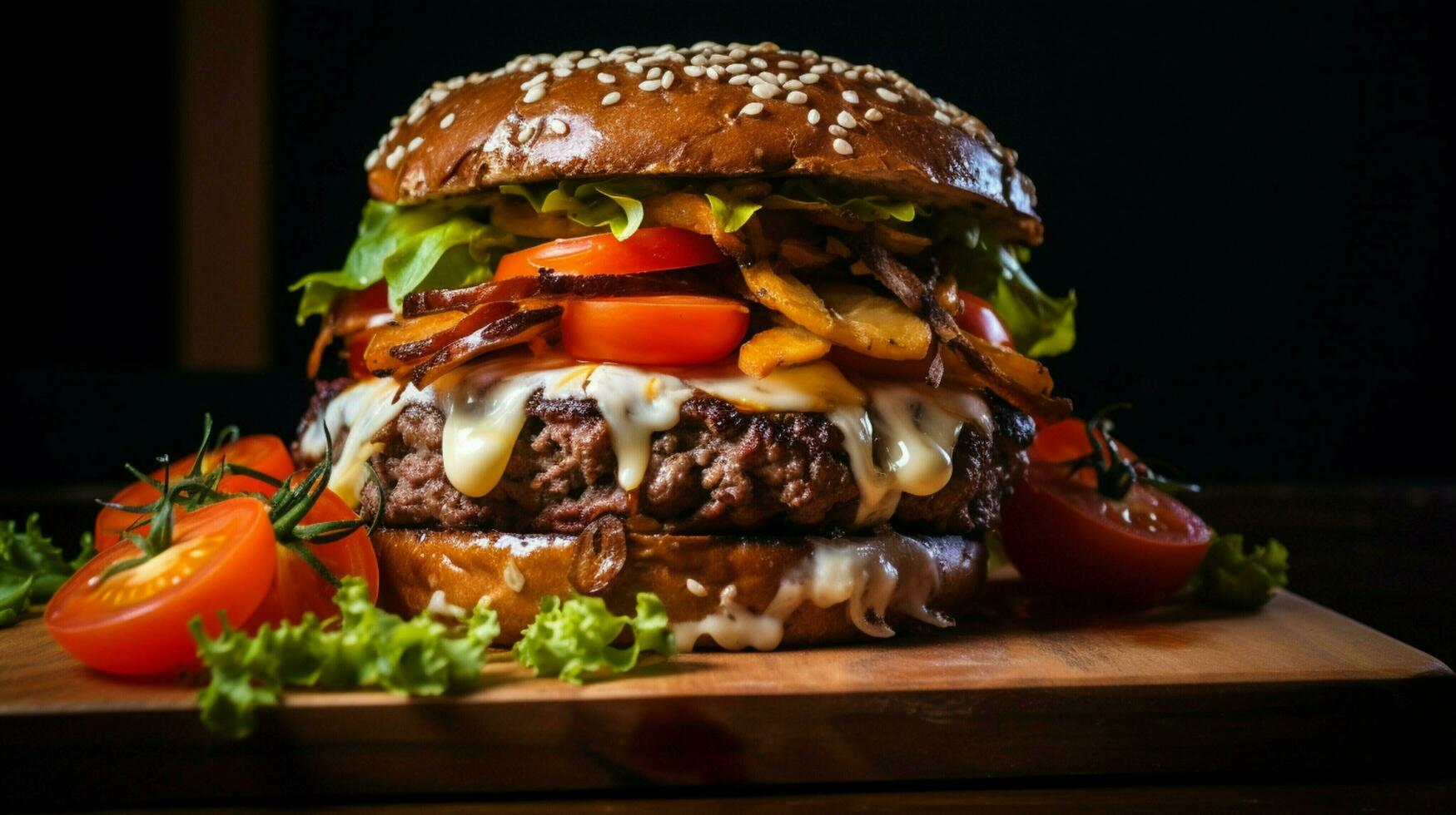 grilled beef burger with cheese onion tomato and vegetable photo