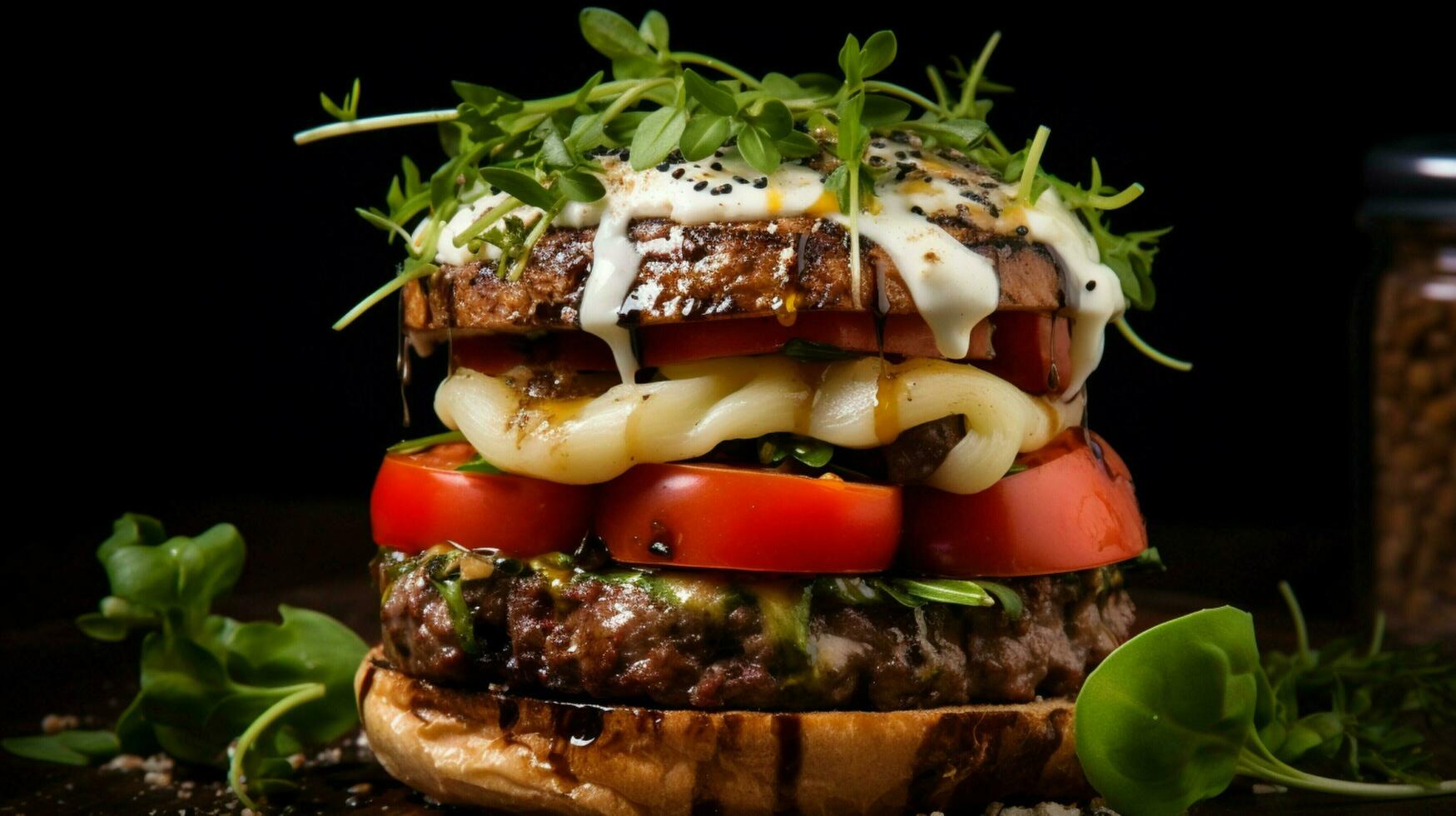 grilled beef burger with cheese and tomato photo