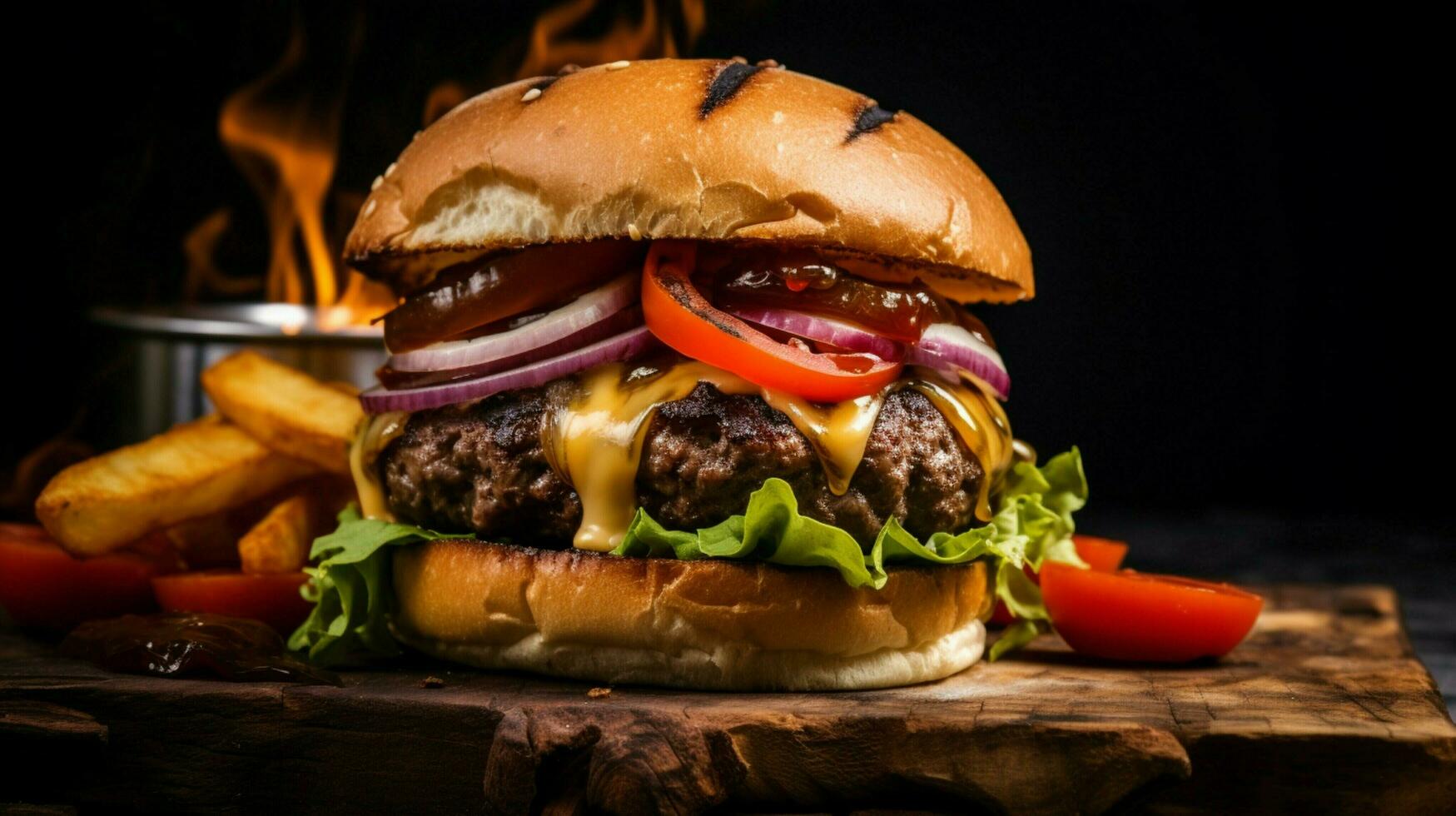 grilled beef burger with cheese tomato onion photo