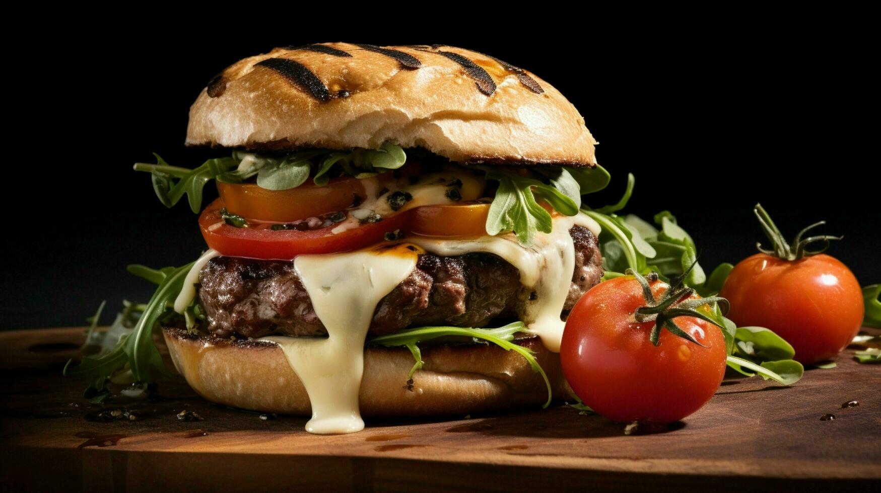 grilled beef burger with fresh tomato and cheese photo