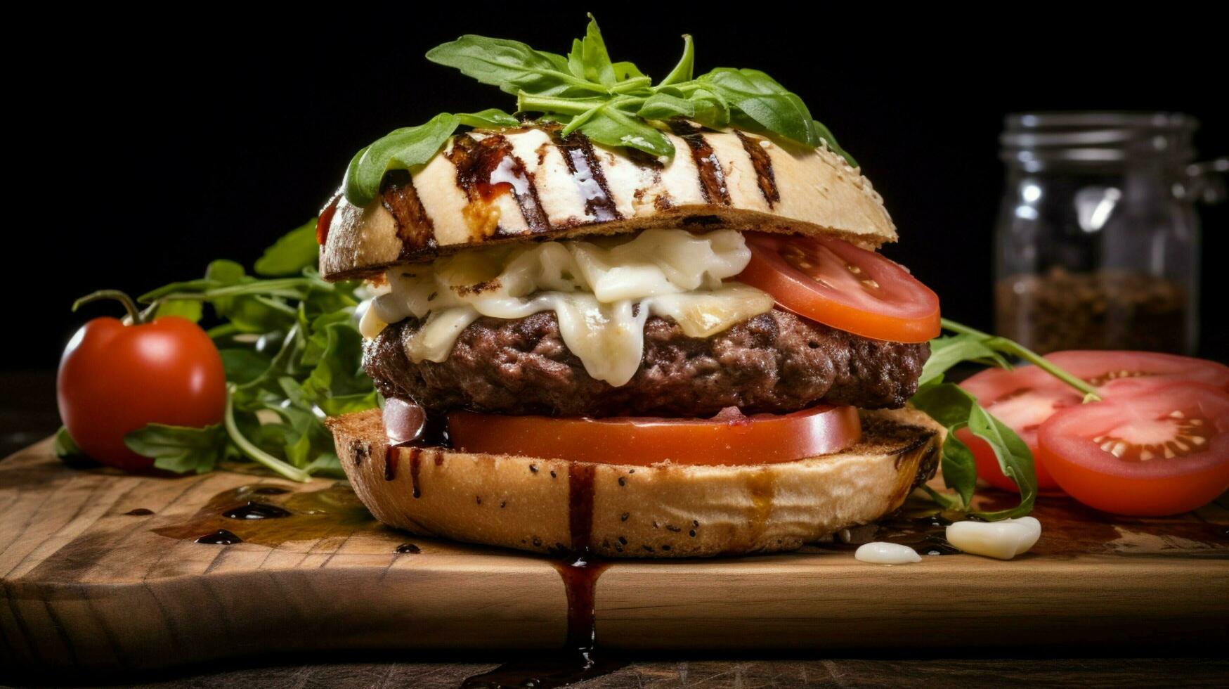 grilled beef burger with fresh tomato and cheese photo