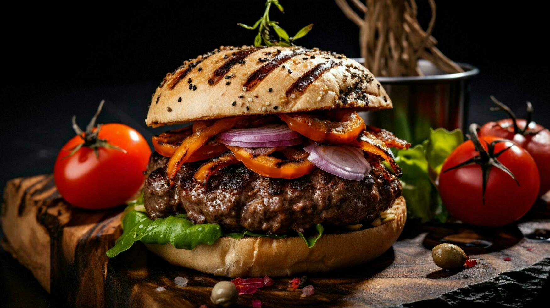 grilled beef burger with tomato onion and homemade bread photo