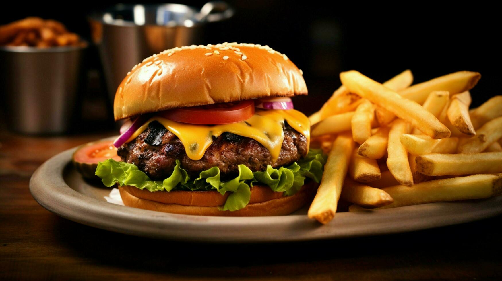 A la parrilla carne de vaca hamburguesa con tomate cebolla queso y papas fritas foto