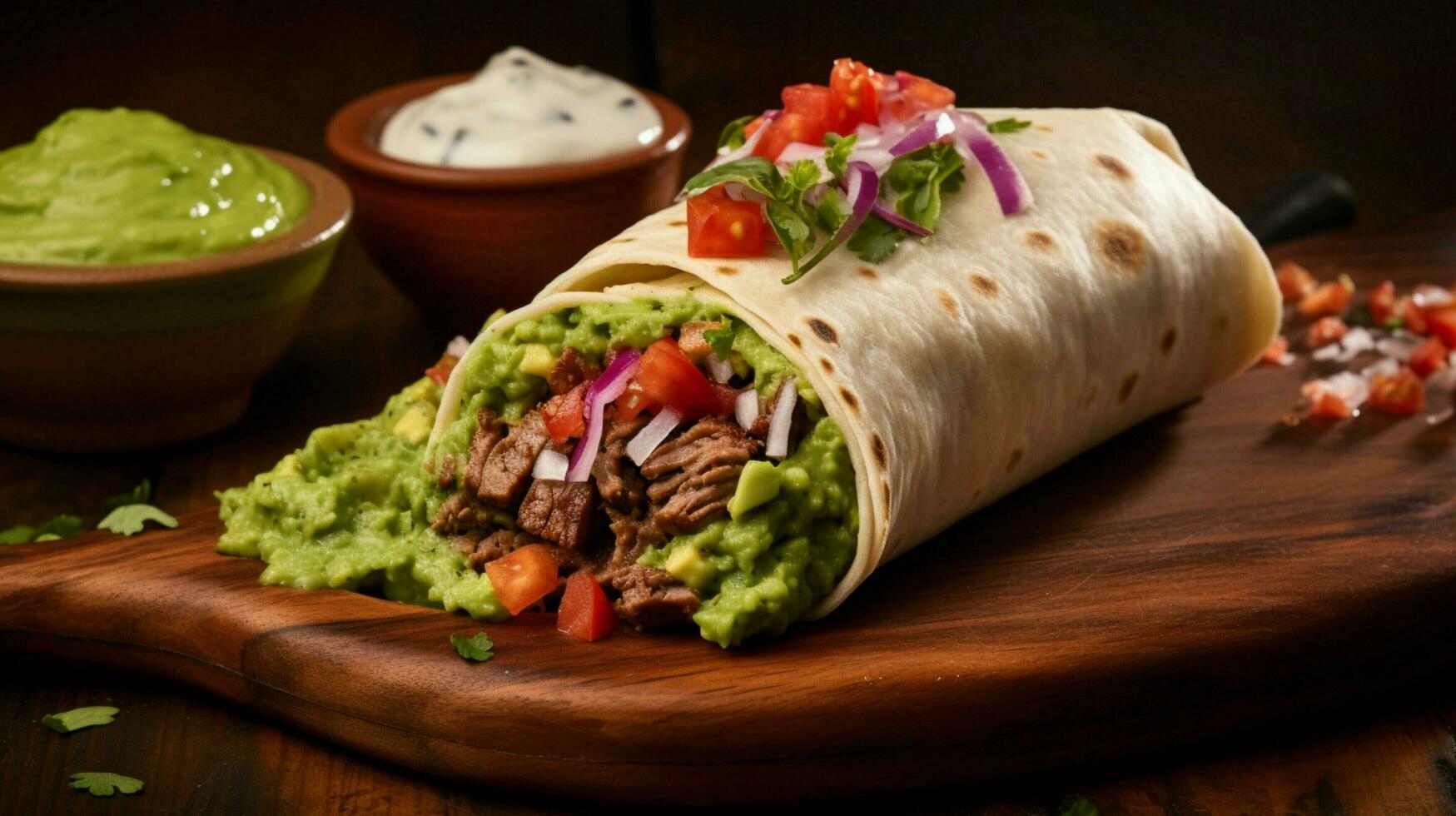 grilled beef burrito with fresh guacamole and salsa photo