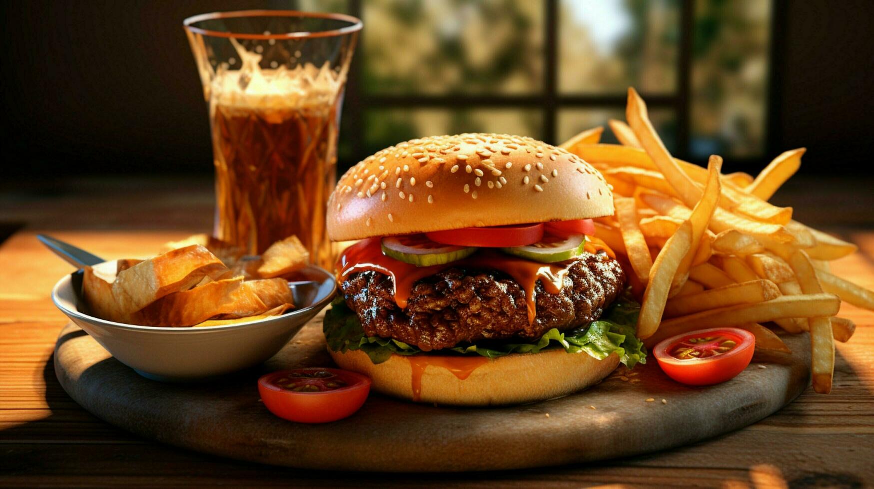 A la parrilla hamburguesa con queso papas fritas y refresco para almuerzo foto