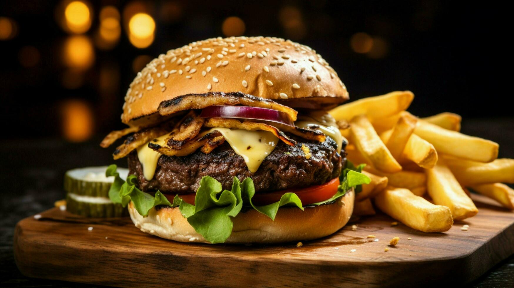 grilled cheeseburger on sesame bun with fries photo