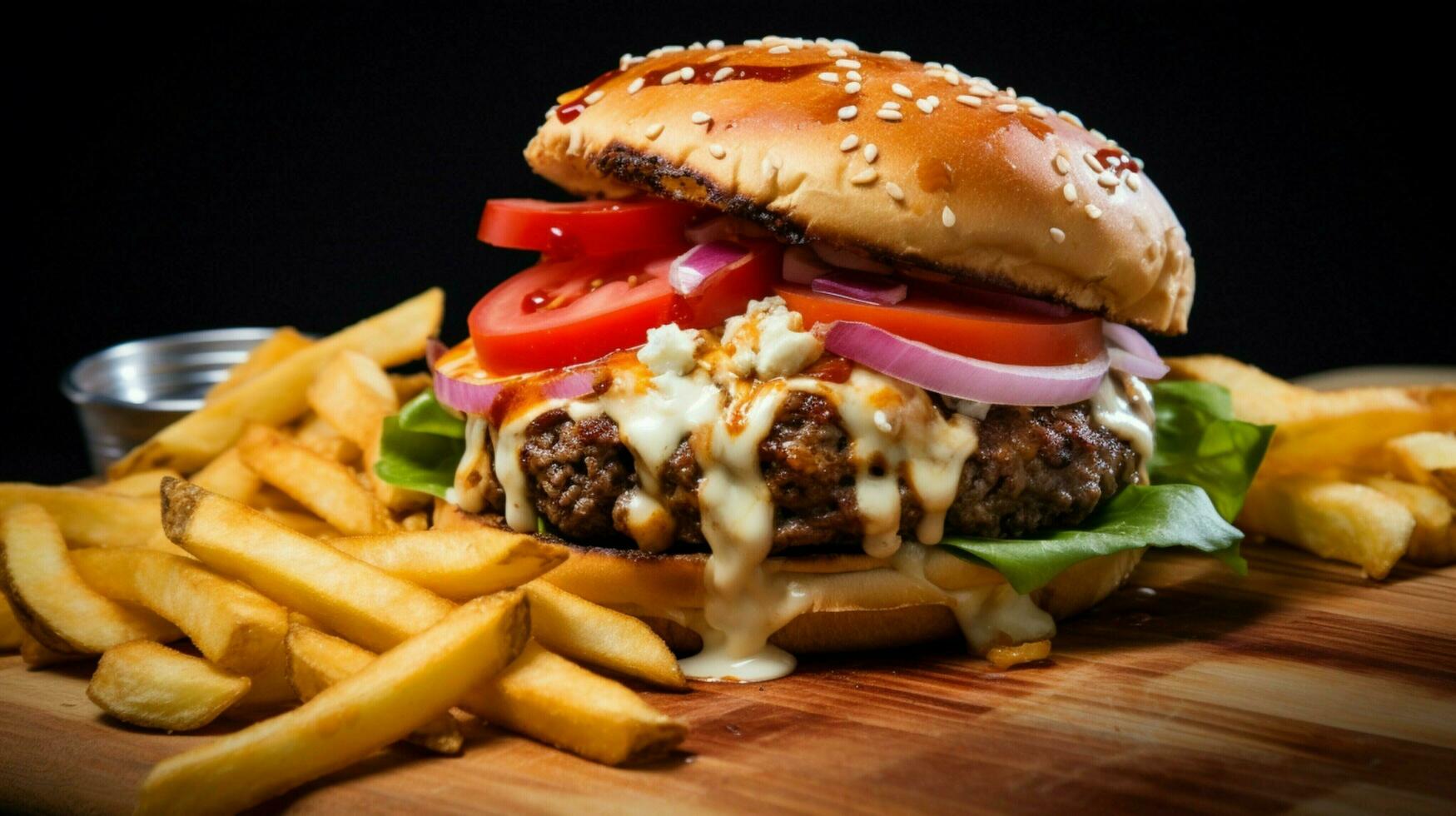 grilled cheeseburger with onion tomato and fries photo