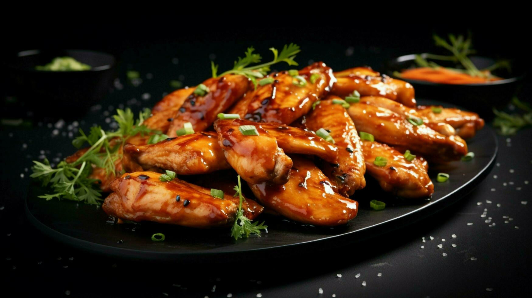 grilled chicken wings with savory sauce on black background photo