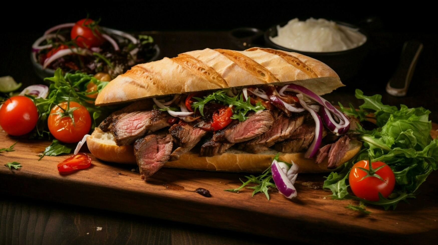 grilled meat on ciabatta fresh salad homemade sauce health photo