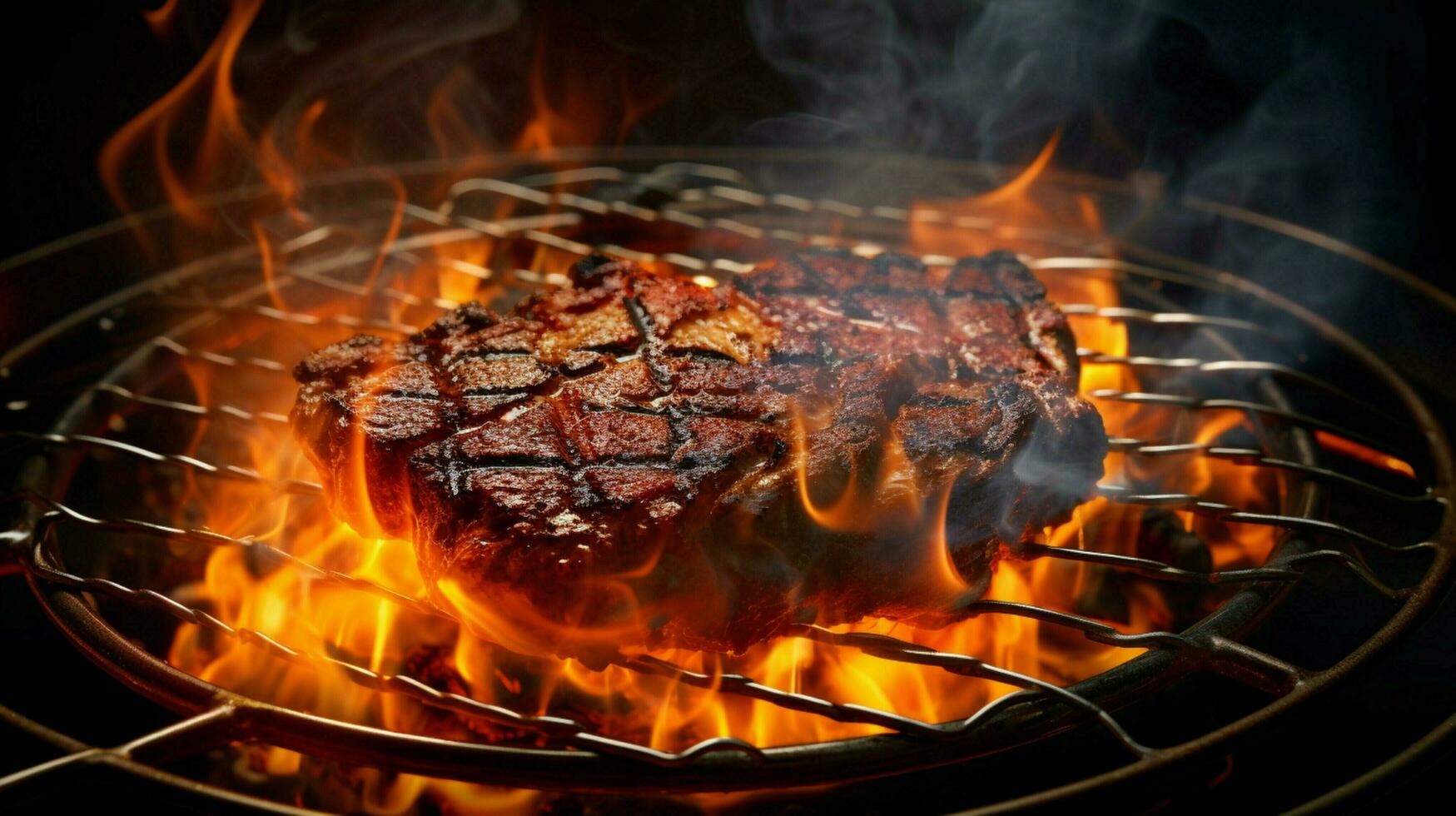 grilled meat on metal plate glowing flame photo