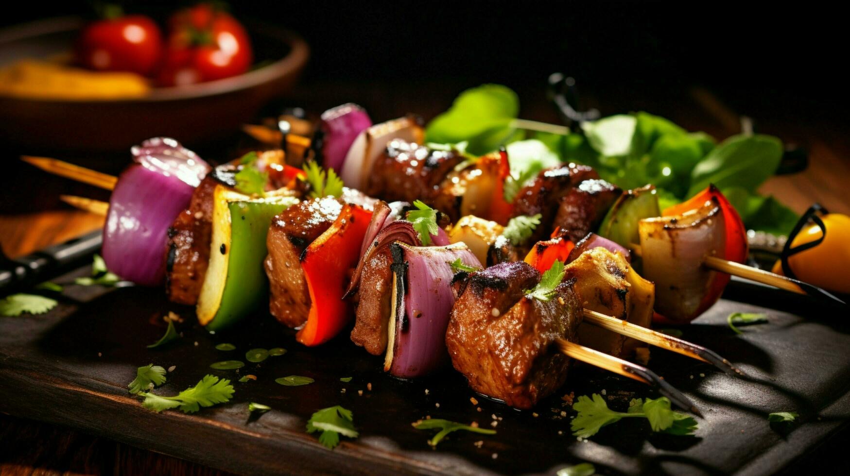 grilled meat skewers with fresh vegetables and spices photo