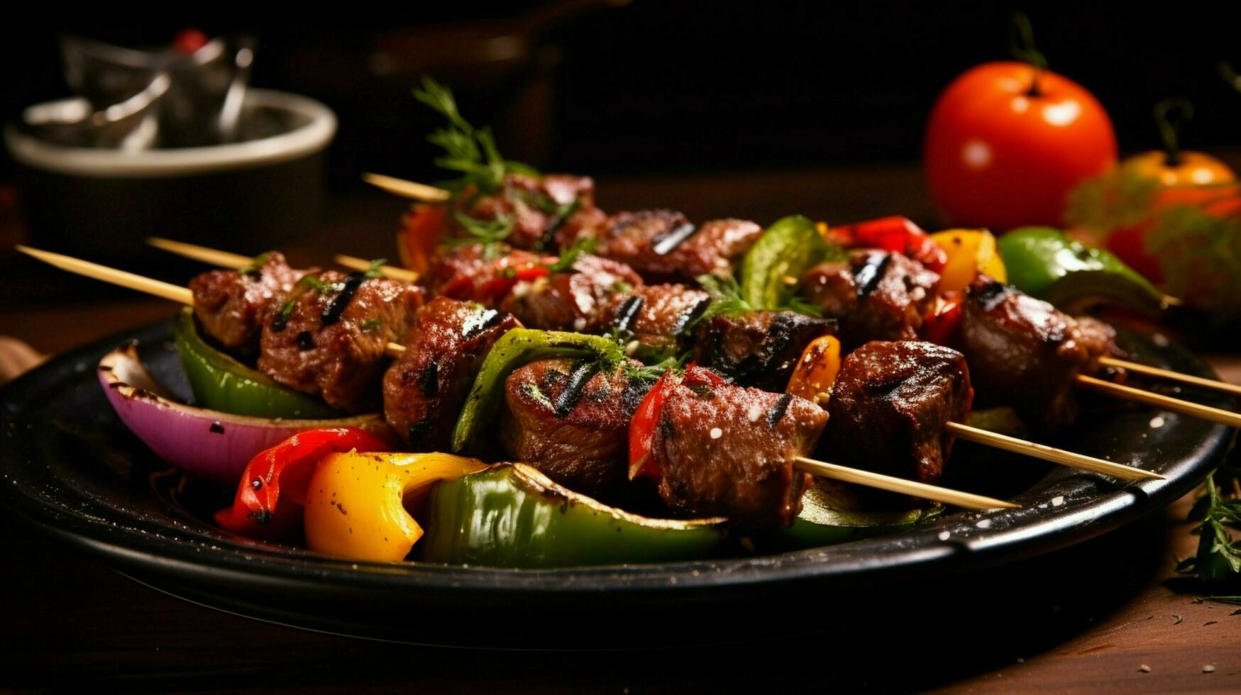 grilled meat skewers with fresh vegetables and spices photo