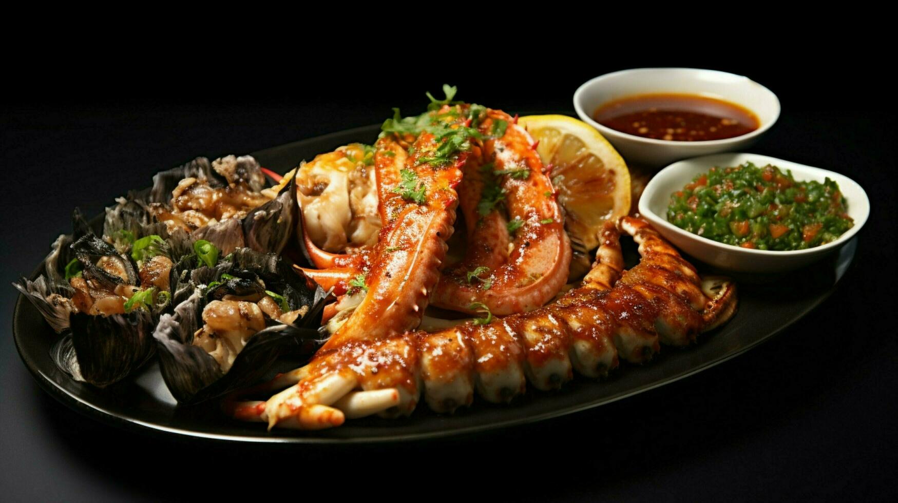 grilled seafood and pork on a plate with savory sauce photo