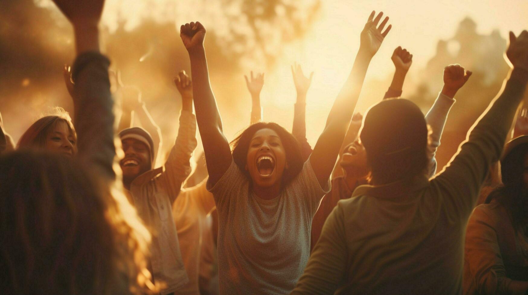 group of people cheering arms raised in joy photo