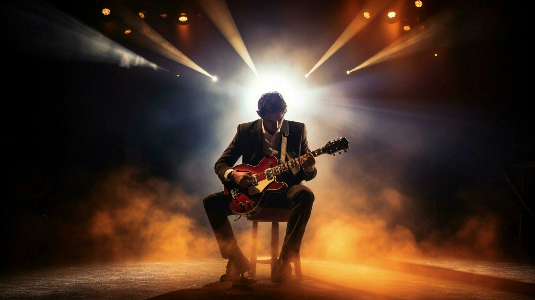 guitarist playing on stage illuminated by spotlight photo