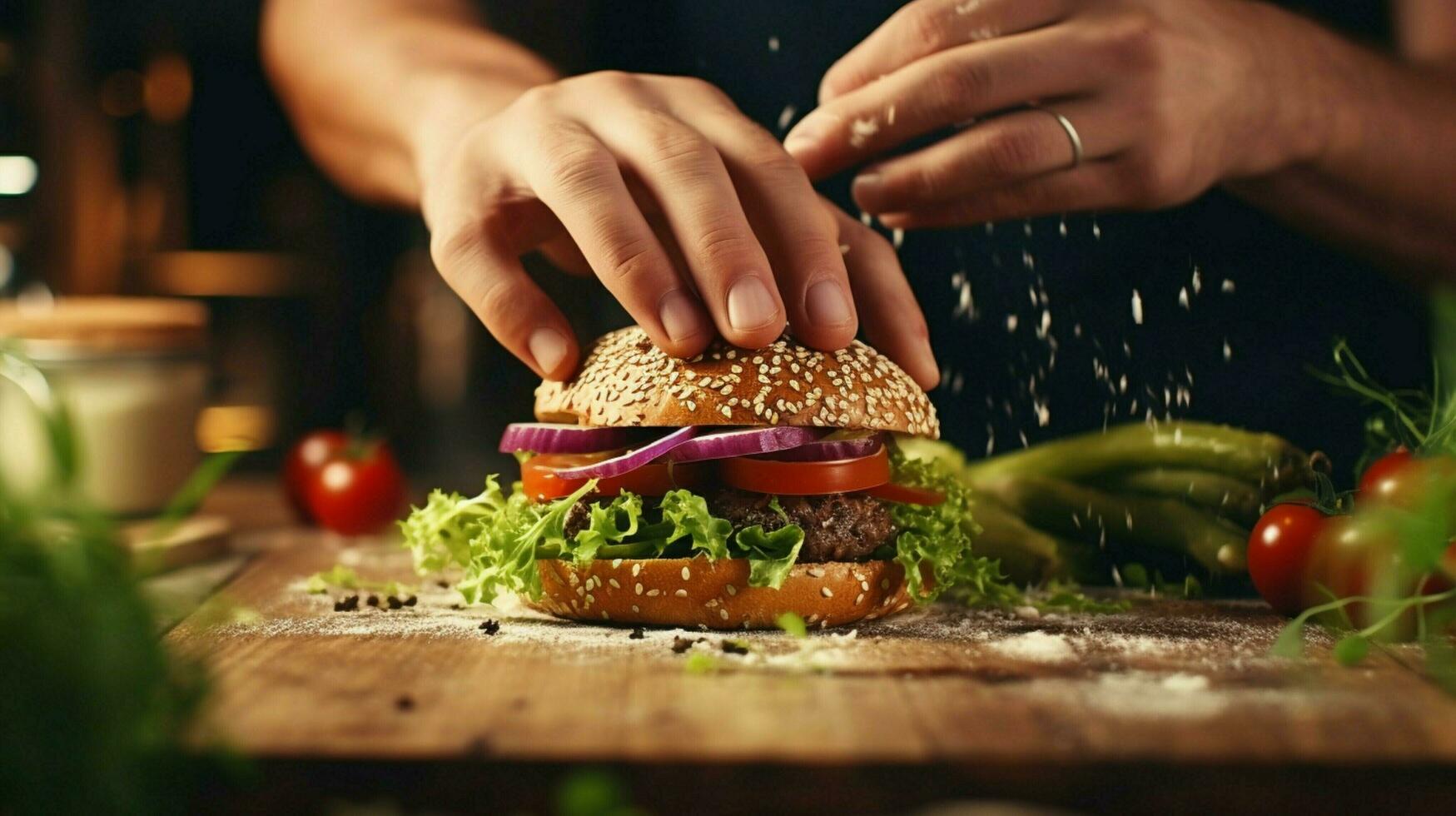 hand prepares homemade burger on rustic wooden table photo