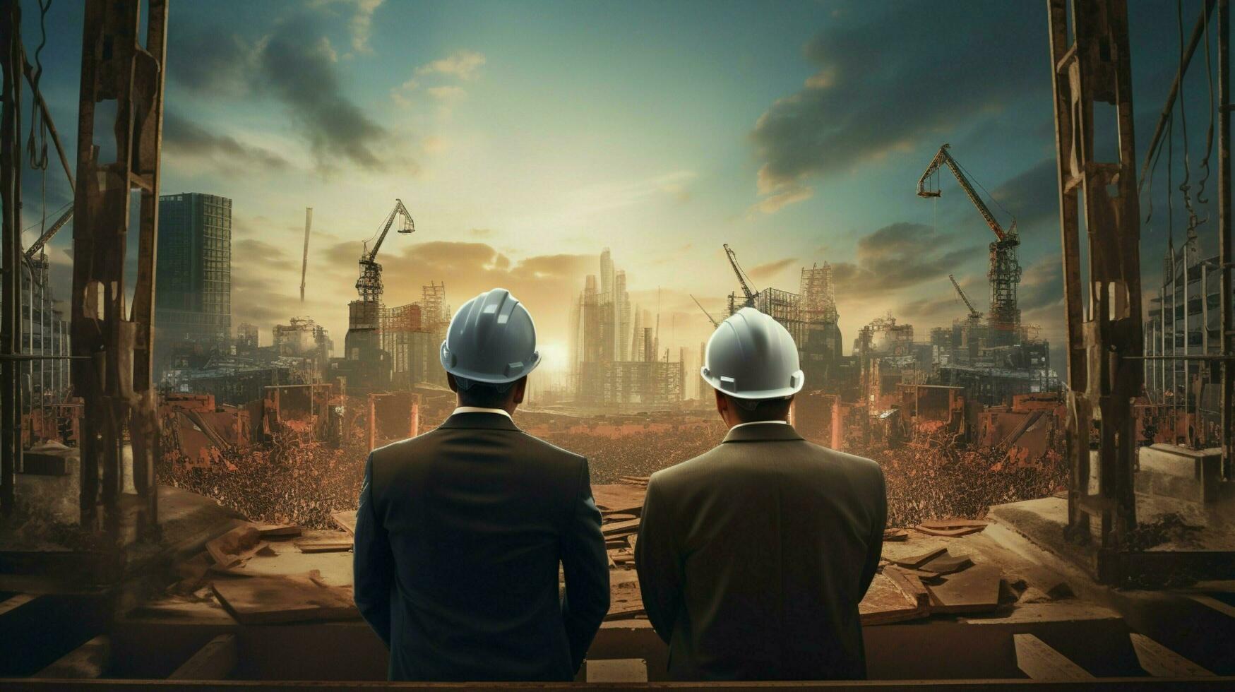 hardhat wearing men work together to build factory photo