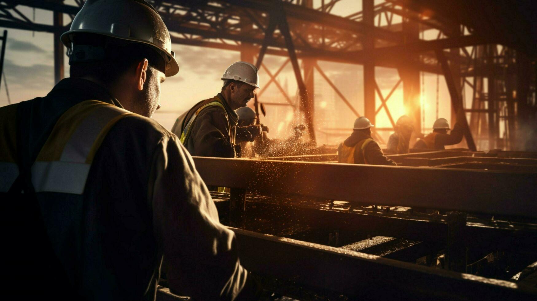 hardhat wearing men work together to build factory photo