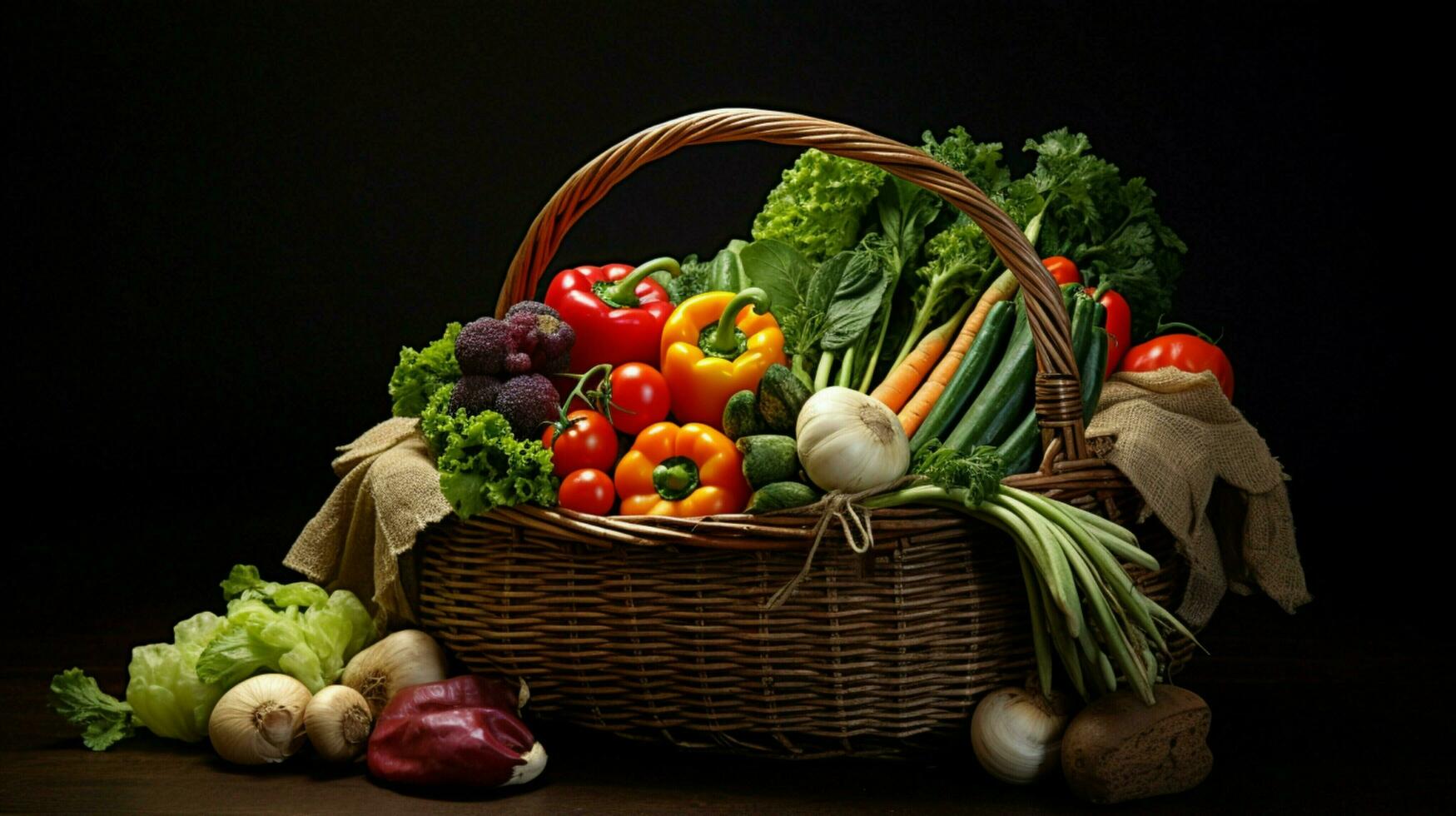 healthy and vegetarian food in straw basket photo