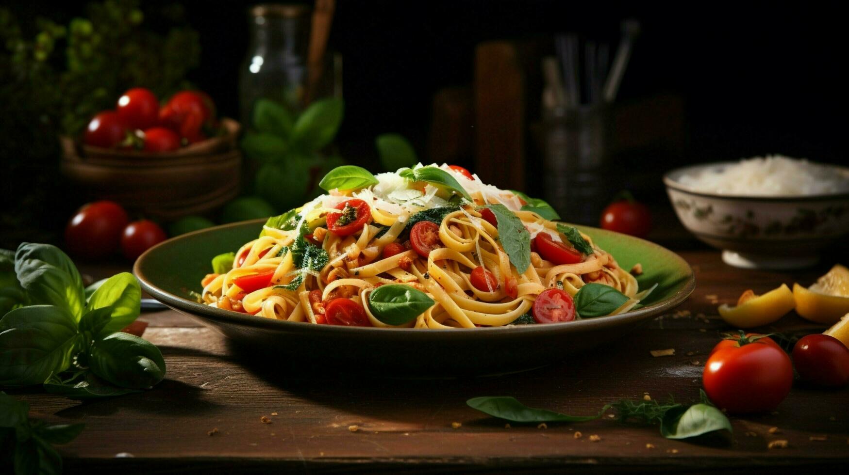 healthy eating fresh vegetarian pasta meal on wooden table photo