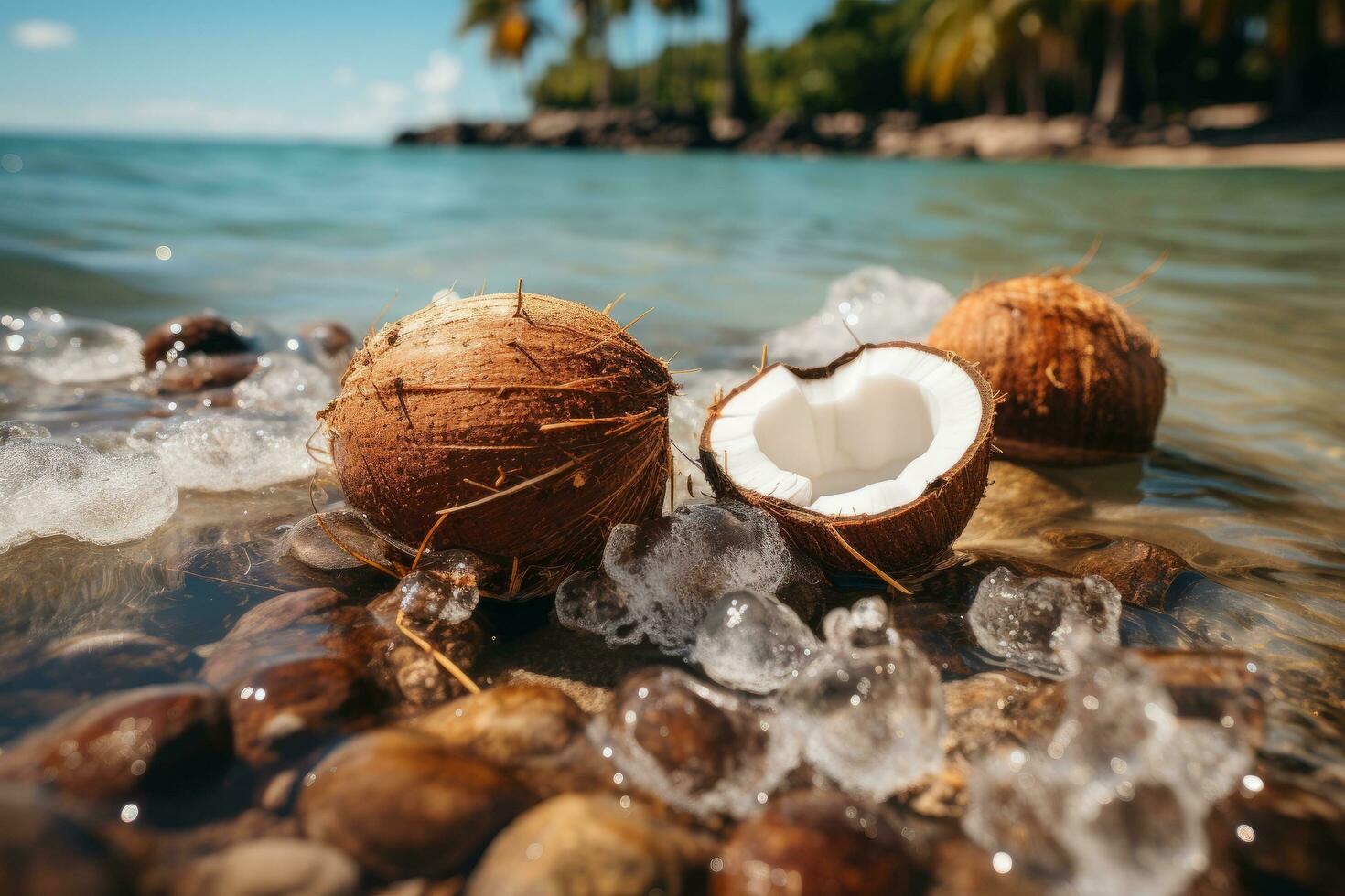 Beach background with coconuts and palm tree leaf photo