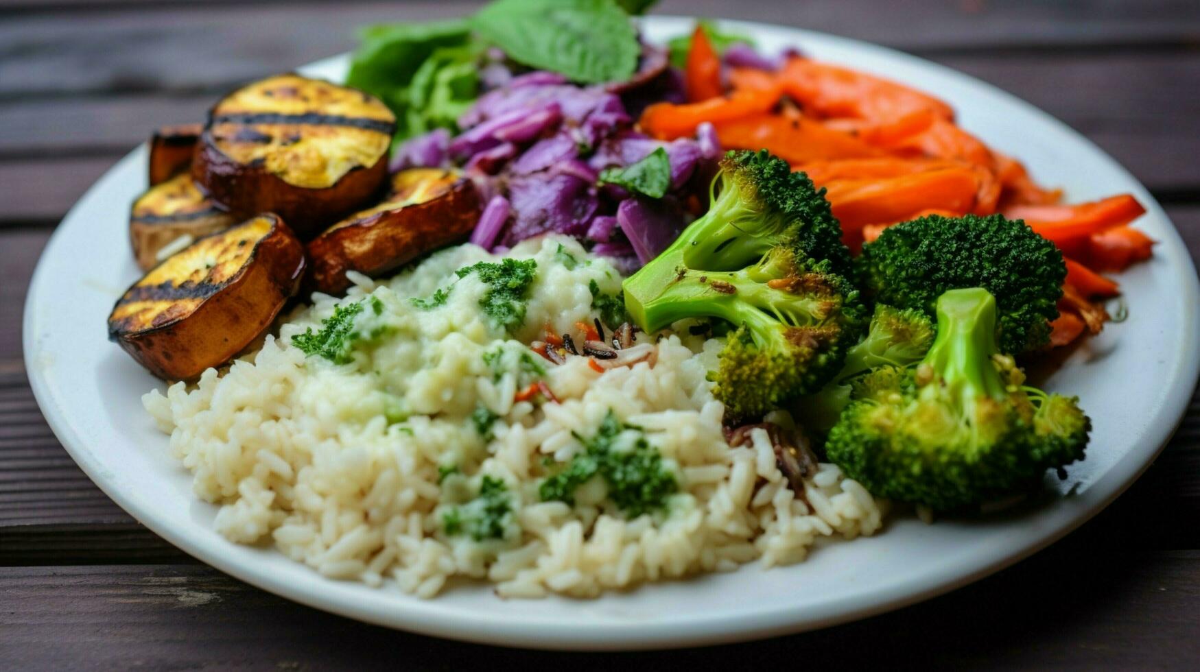 sano vegetariano almuerzo plato con arroz y vegetales foto