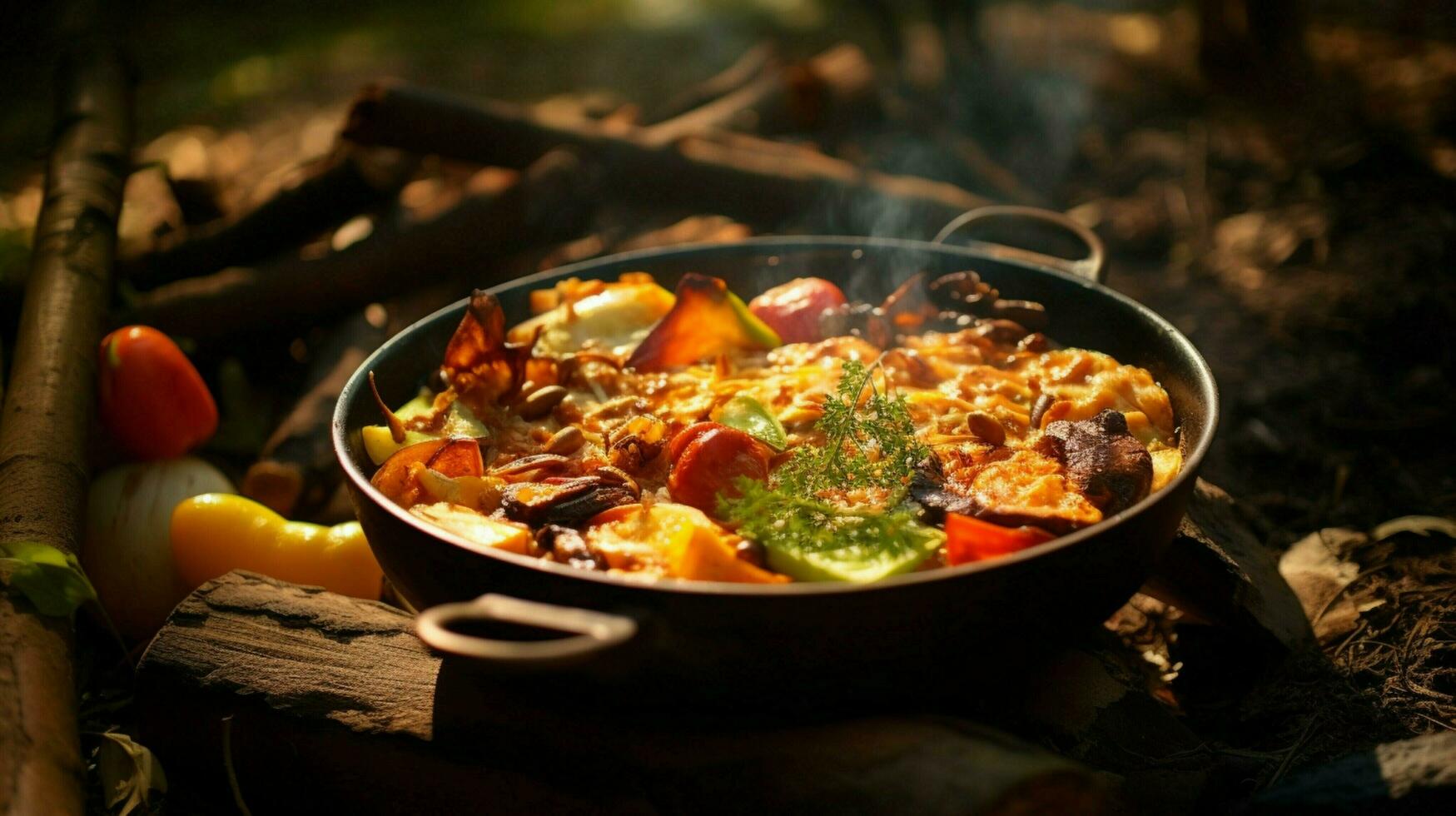 healthy vegetarian meal cooked outdoors on wood flame photo