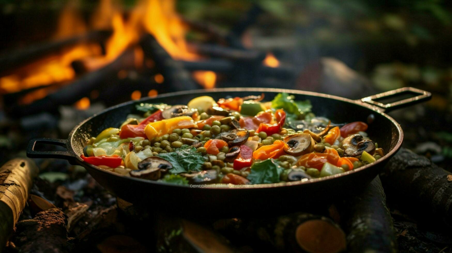 healthy vegetarian meal cooked outdoors on wood flame photo