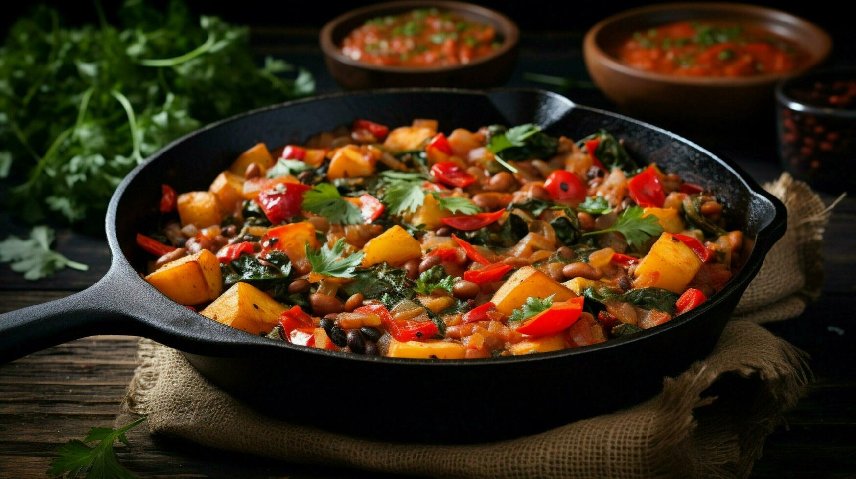 healthy vegetarian stew cooked on rustic cast iron pan photo