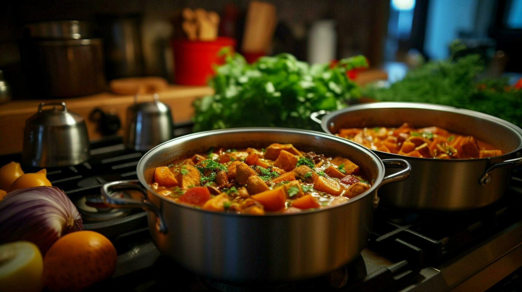 healthy vegetarian stew cooking on stove top in homemade photo