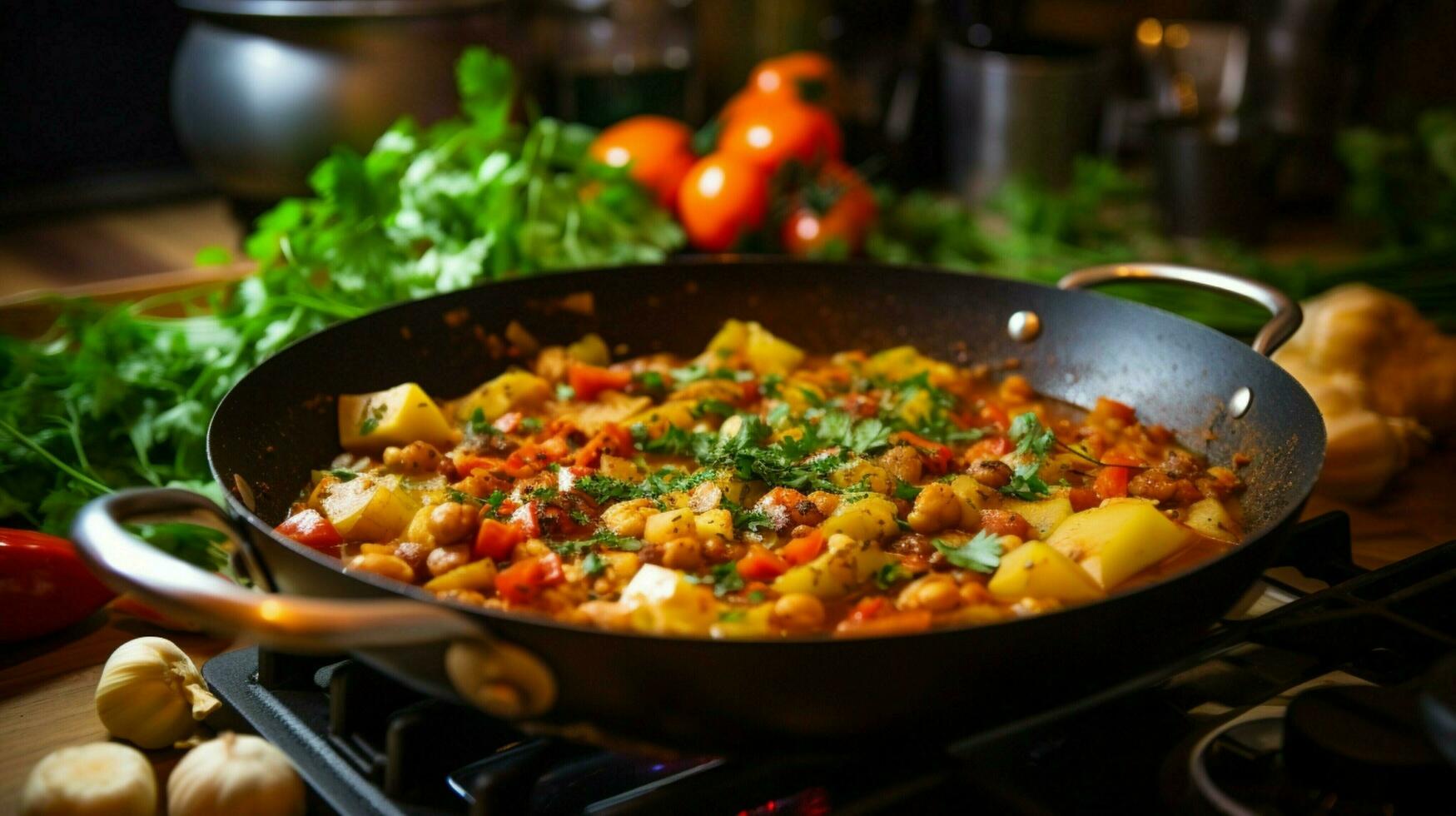 sano vegetariano estofado Cocinando en estufa parte superior en hecho en casa foto