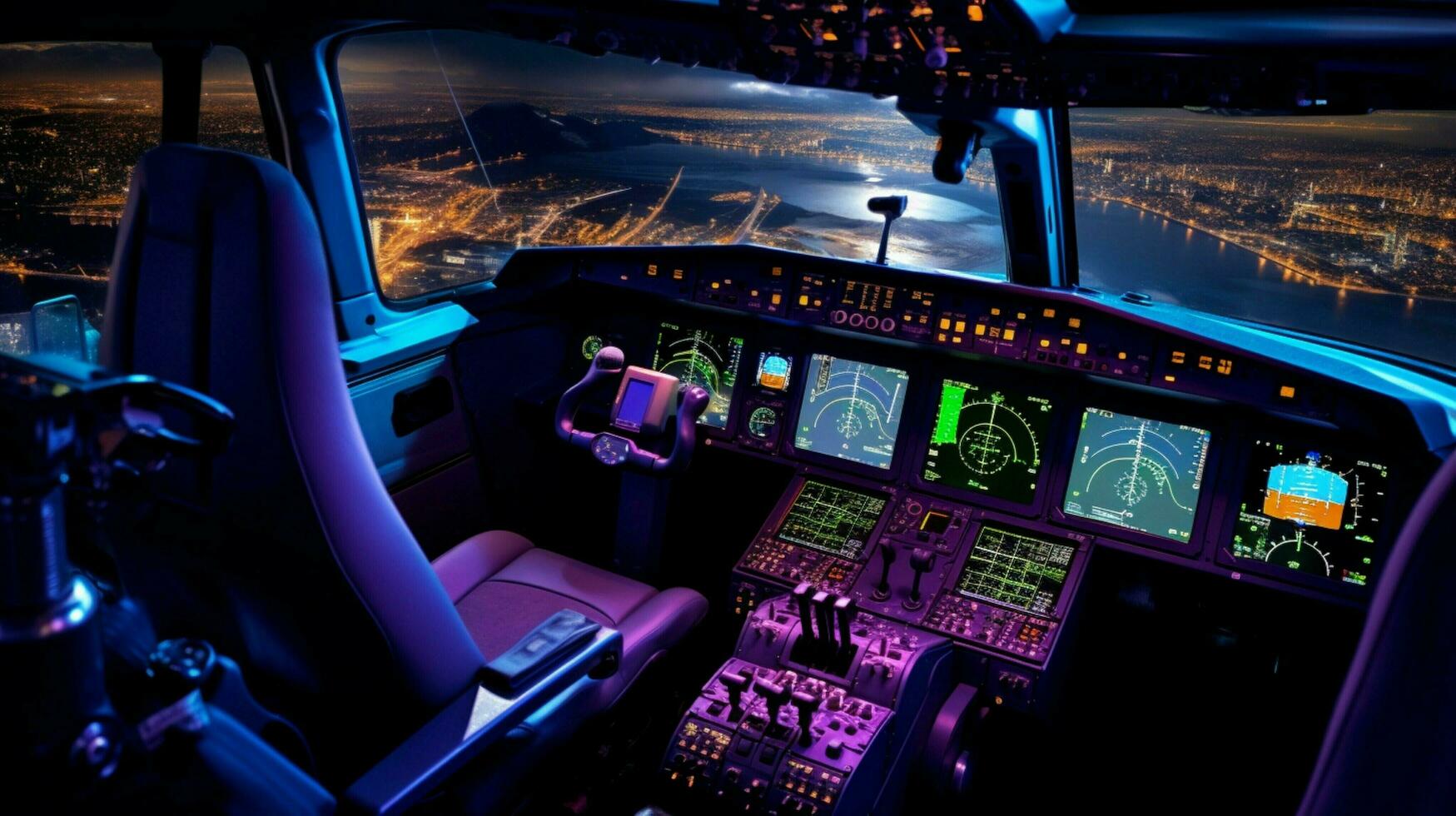 high tech cockpit equipment illuminates night aerial photo